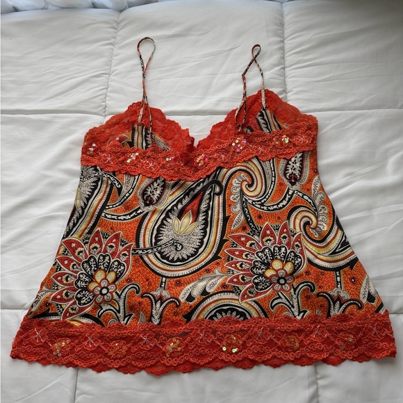 Y2K New York & Co Silk Paisley Cami Top Size XL Orange Beaded Lace Sequins Fairy - Picture 3 of 10